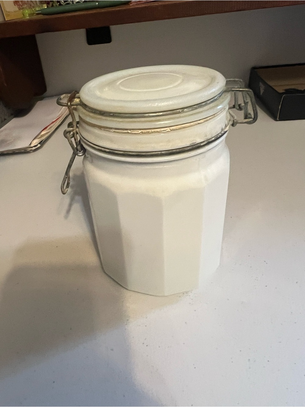 Vintage Milk Glass Airtight Canister with Metal Clamp Lid - Picture 3 of 9